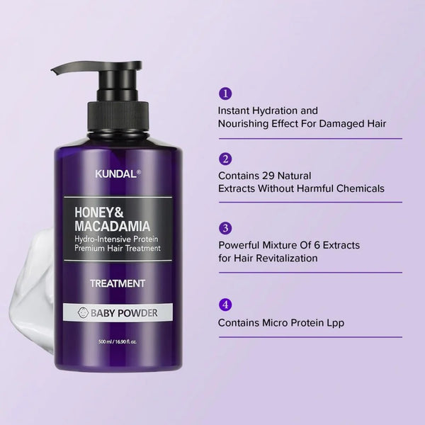 Atjaunojoša matu maska KUNDAL Honey & Macadamia Protein Treatment Baby Powder